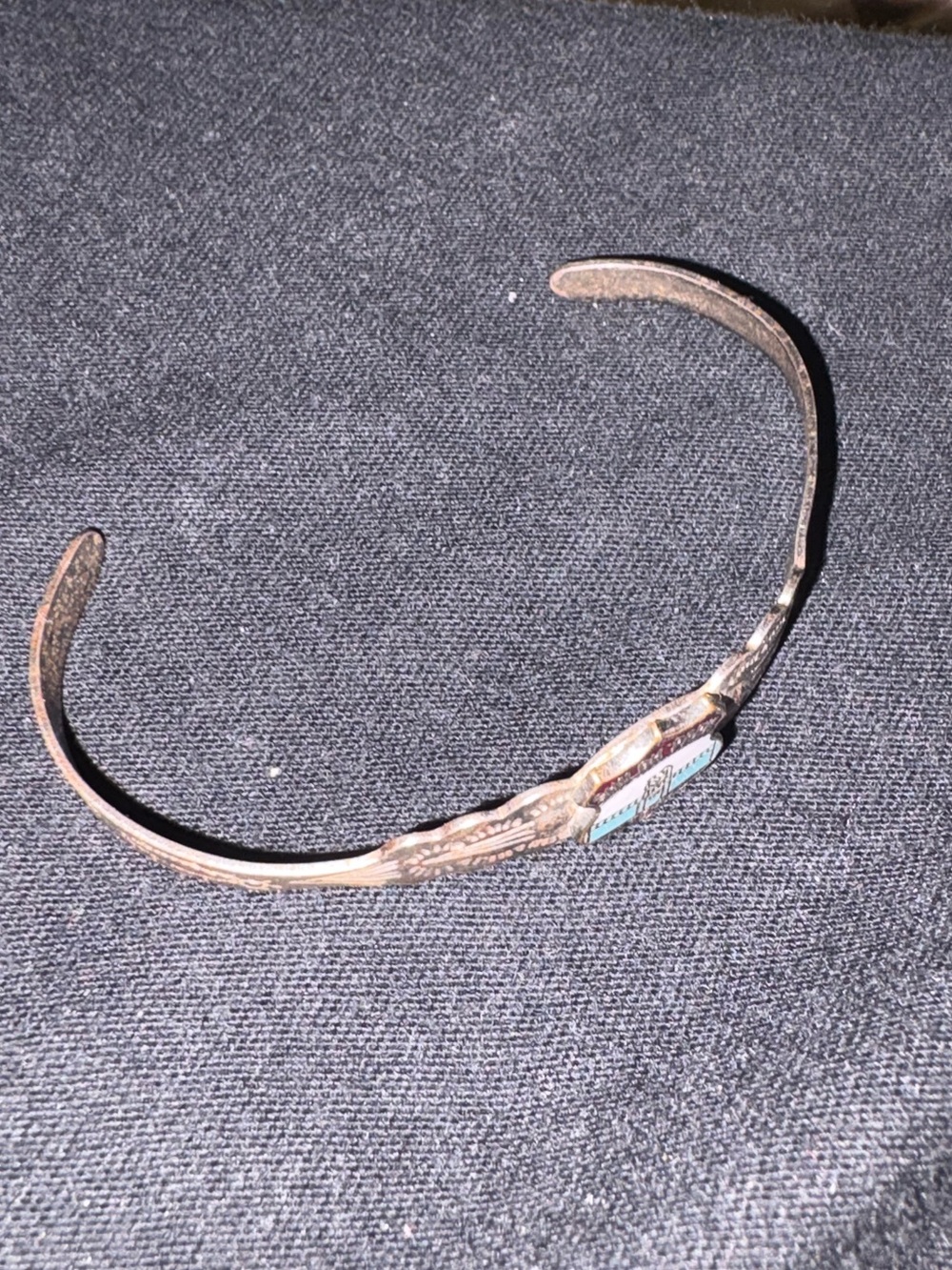 Vintage Silver-Tone Shield Cuff Bracelet with Red Enamel Accent - Picture 2 of 2